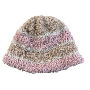 Vintage Striped Bucket Hat Fuzzy Plush Pink Beige White Cozy Winter Y2K